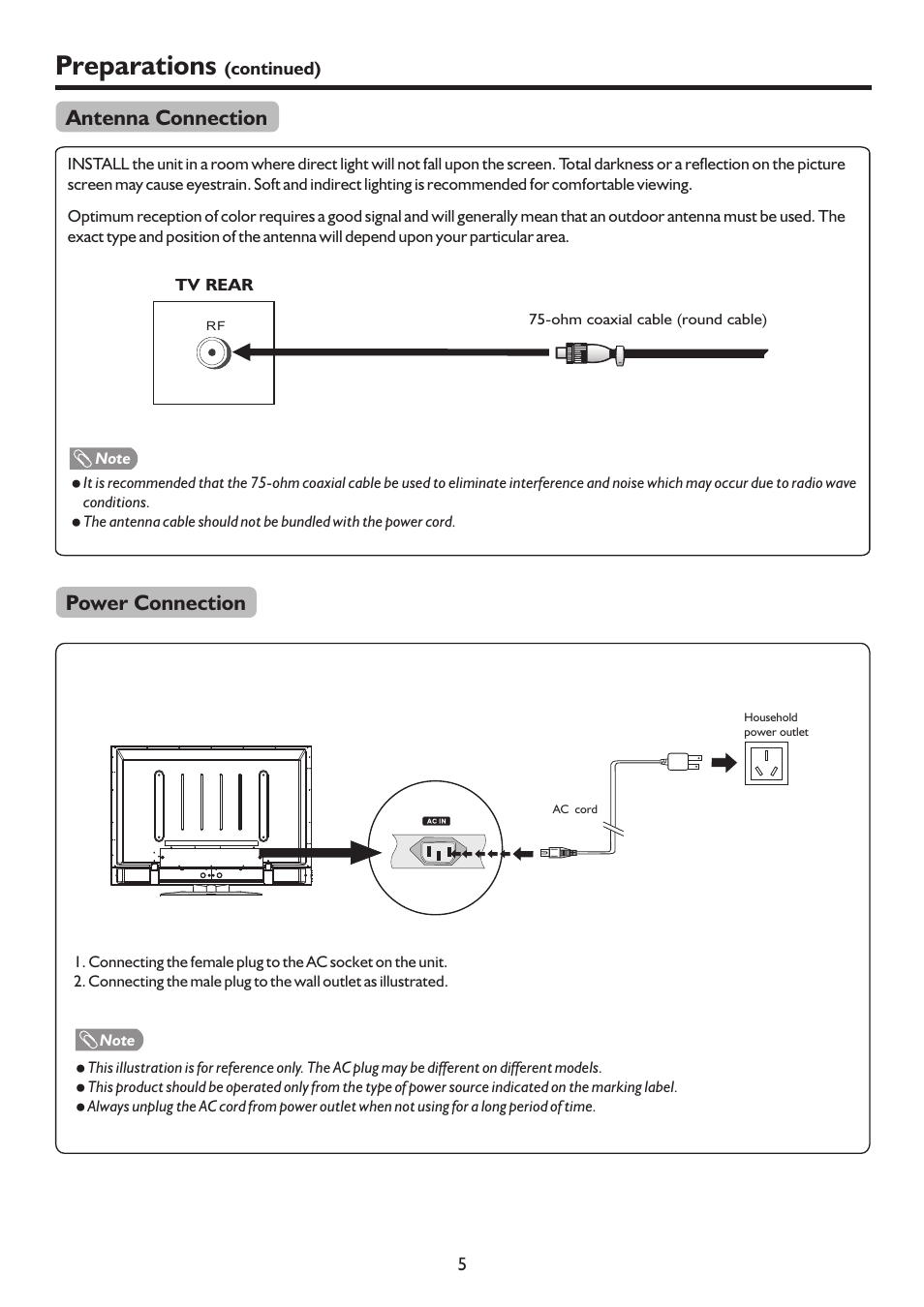 Preparations, Antenna connection, Power connection | Palsonic 127CM WIDE SCREEN PDP TV/MONITOR PDP5055HD User Manual | Page 8 / 37