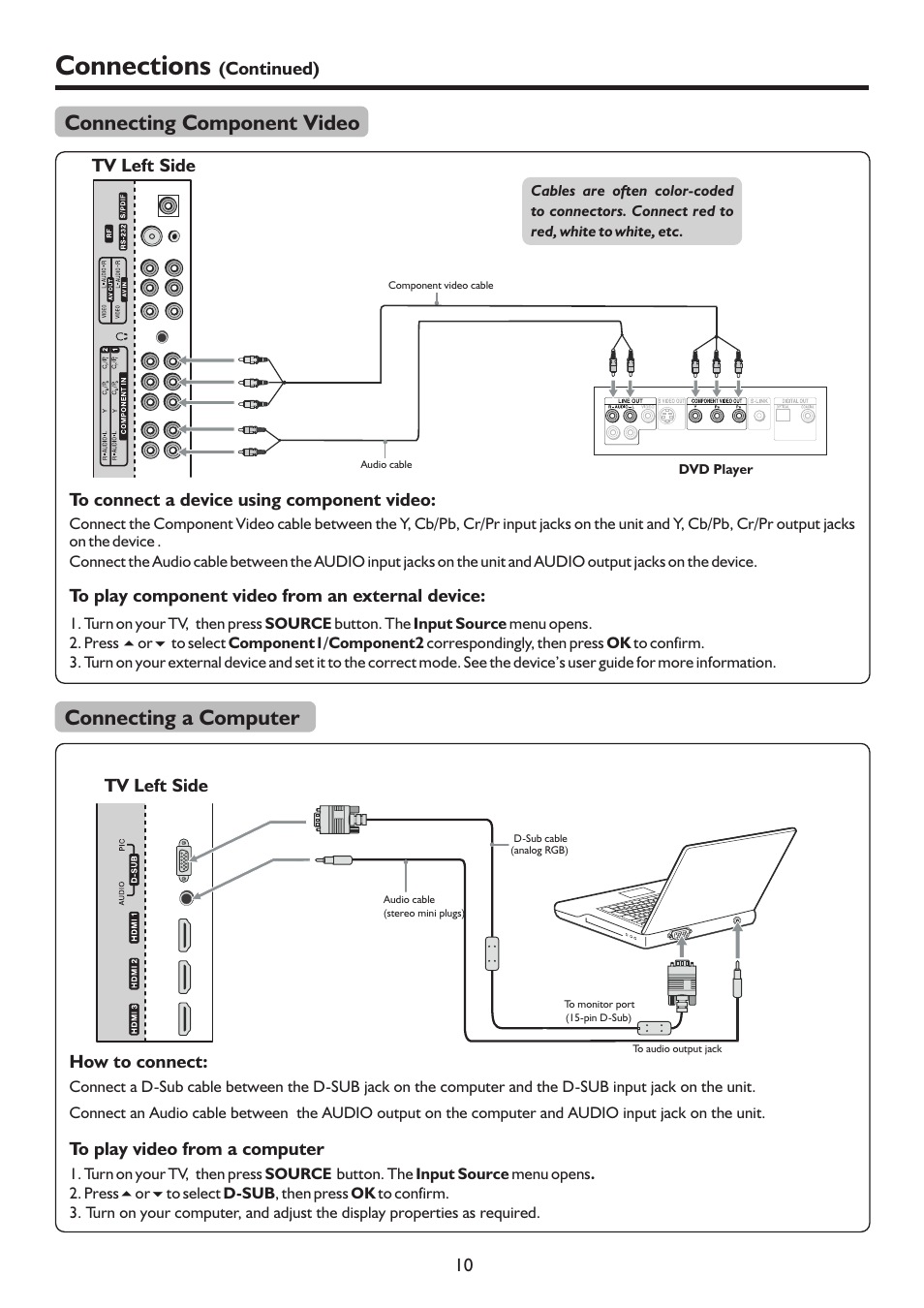 页 13, Connections, Connecting component video | Connecting a computer | Palsonic WIDE SCREEN PDP PDP4220HD User Manual | Page 13 / 37