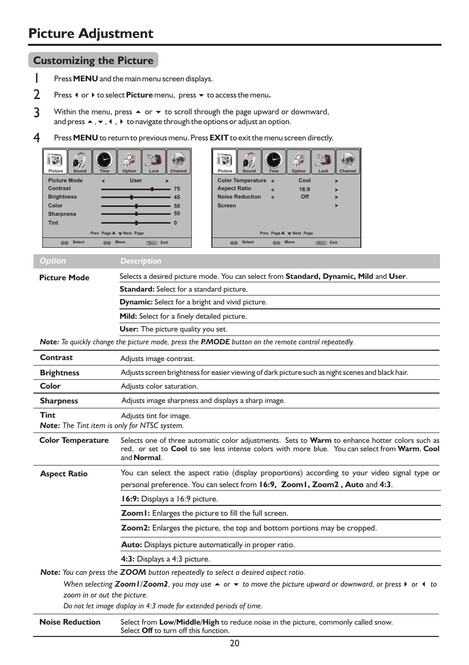 页 23, Picture adjustment, Customizing the picture | Palsonic WIDE SCREEN PDP PDP4220HD User Manual | Page 23 / 37