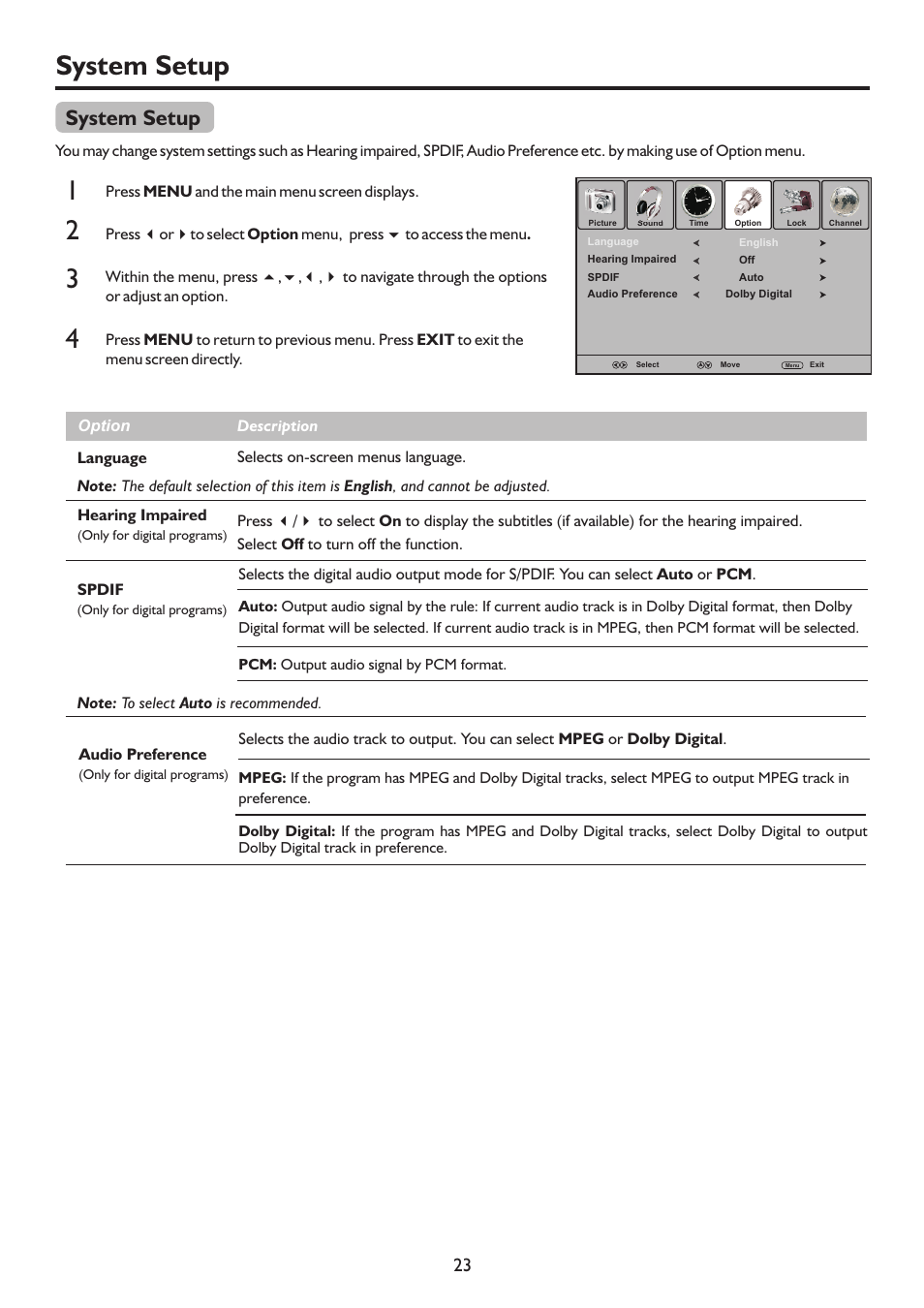 页 26, System setup 1 3, System setup | Palsonic WIDE SCREEN PDP PDP4220HD User Manual | Page 26 / 37