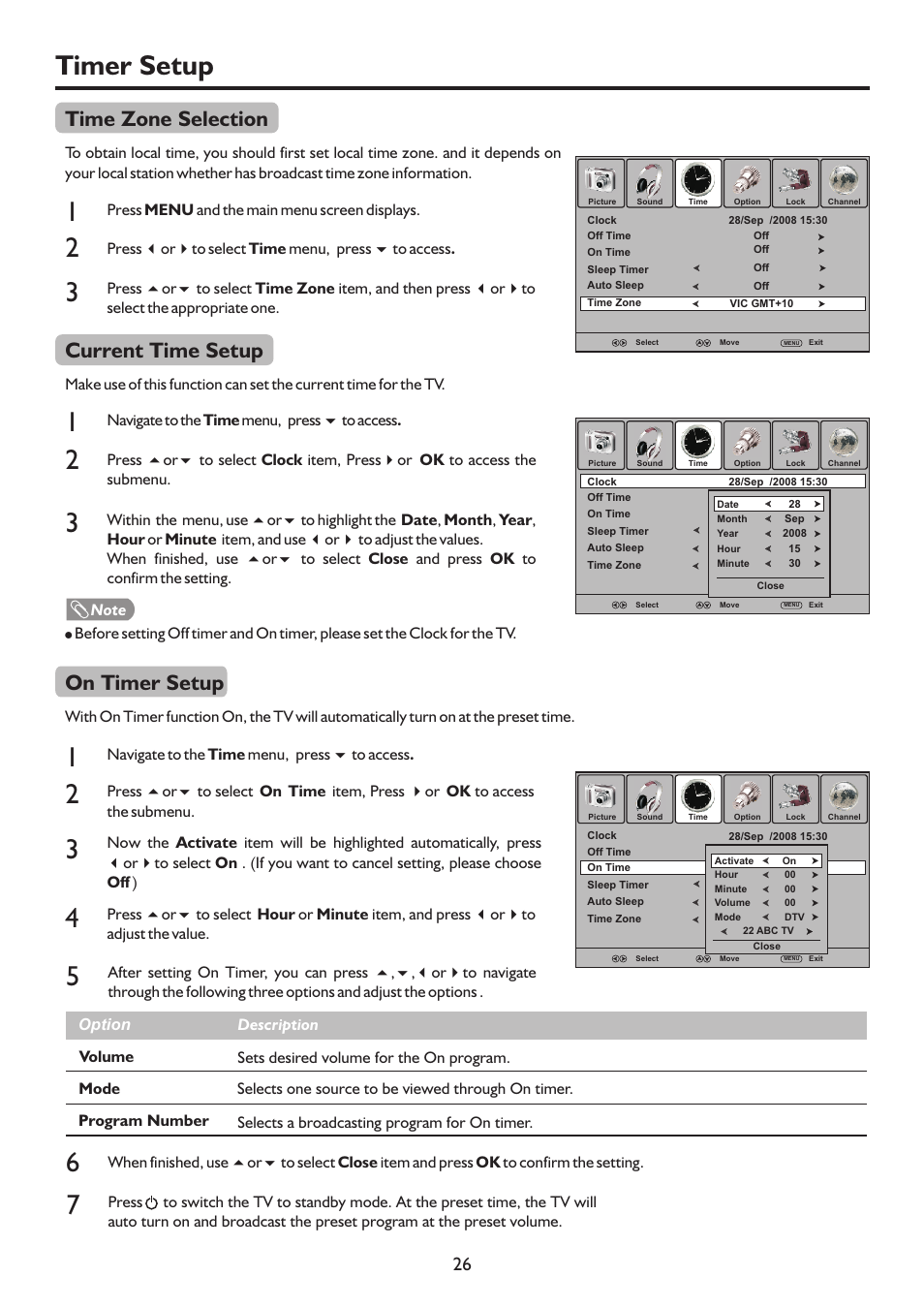 页 29, Timer setup, Time zone selection | Current time setup, On timer setup | Palsonic WIDE SCREEN PDP PDP4220HD User Manual | Page 29 / 37