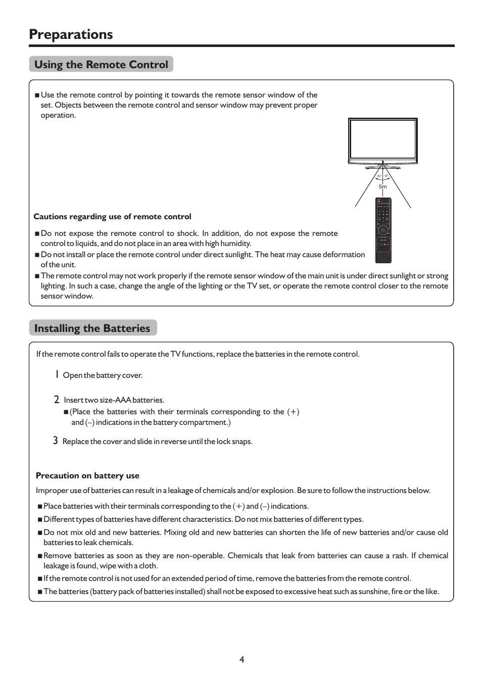 Preparations, Using the remote control installing the batteries | Palsonic WIDE SCREEN PDP PDP4220HD User Manual | Page 7 / 37