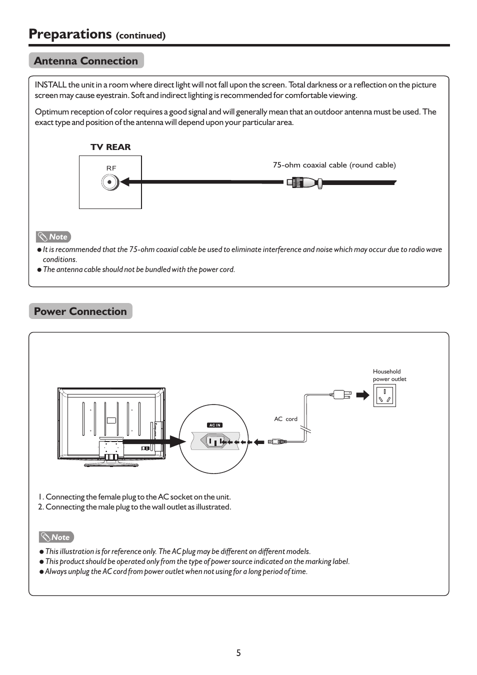 Preparations, Antenna connection, Power connection | Palsonic WIDE SCREEN PDP PDP4220HD User Manual | Page 8 / 37