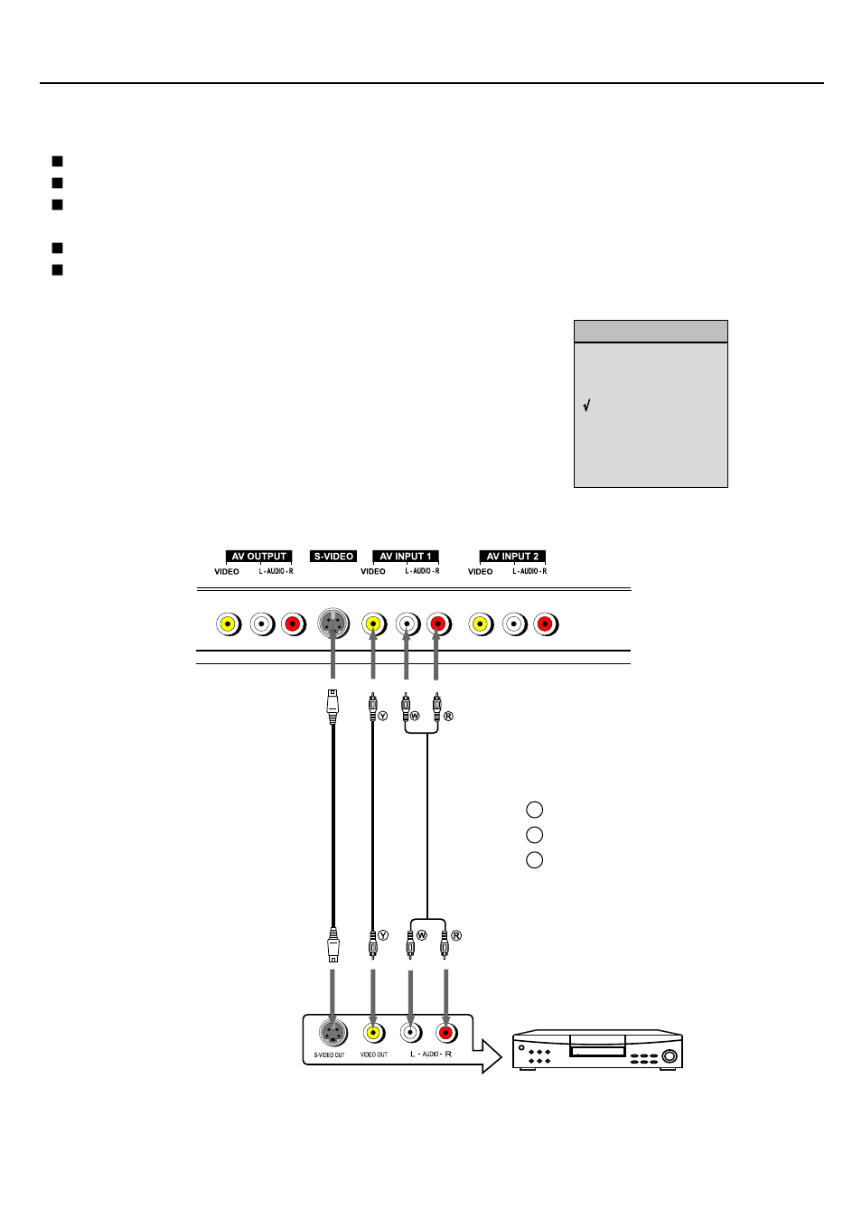 Connections, Cautions before connecting, Connect av1 input terminals | Yellow (video) white (audio l) red (audio r) | Palsonic PDP4275 User Manual | Page 12 / 31