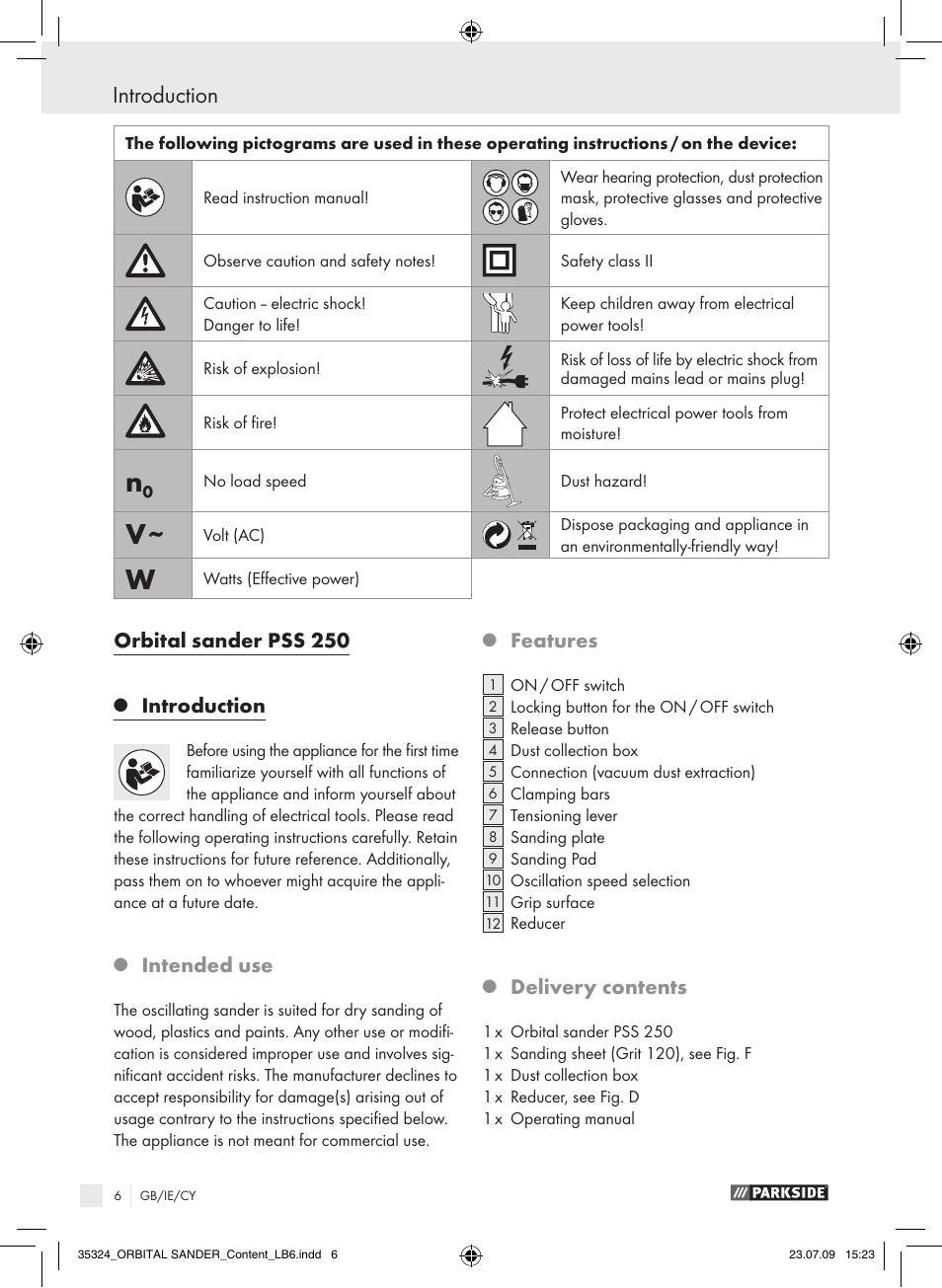 Introduction, Orbital sander pss 250, Intended use | Features, Delivery contents | Parkside PSS 250 User Manual | Page 5 / 13