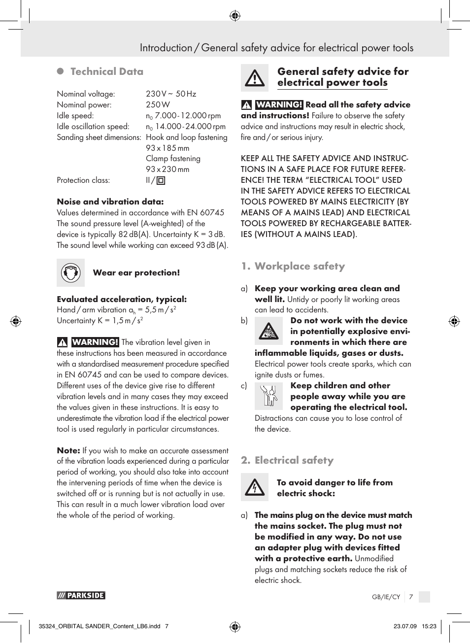 Technical data, General safety advice for electrical power tools, Workplace safety | Electrical safety | Parkside PSS 250 User Manual | Page 6 / 13