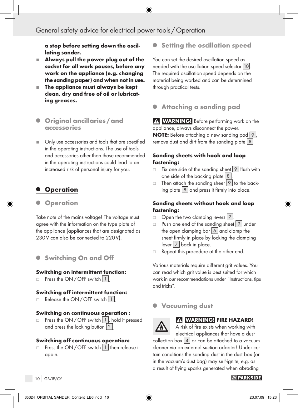 Operation, Original ancillaries / and accessories, Switching on and off | Setting the oscillation speed, Attaching a sanding pad, Vacuuming dust | Parkside PSS 250 User Manual | Page 9 / 13