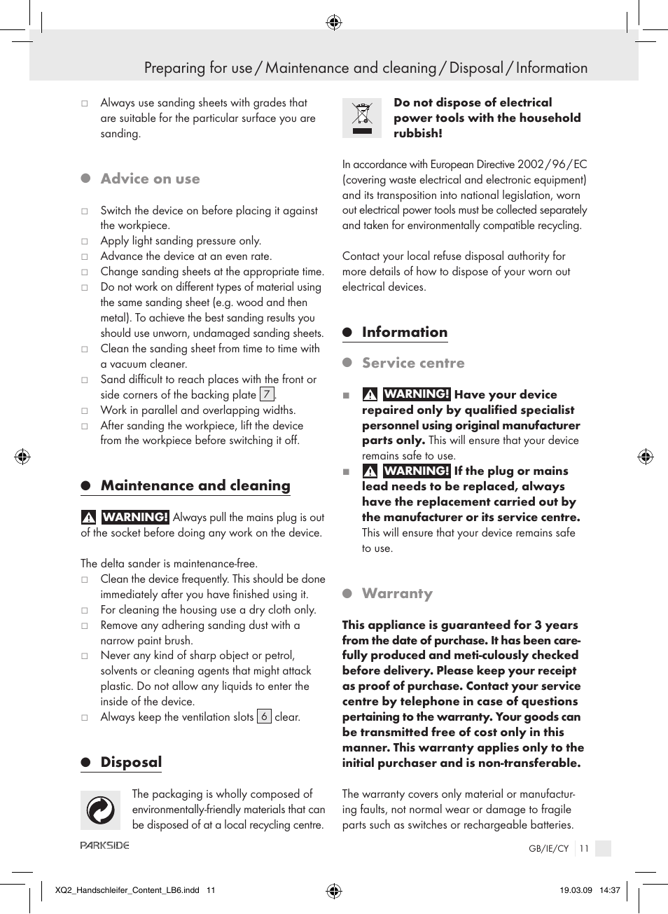 Advice on use, Maintenance and cleaning, Disposal | Information, Service centre, Warranty | Parkside XQ2 SE User Manual | Page 10 / 12