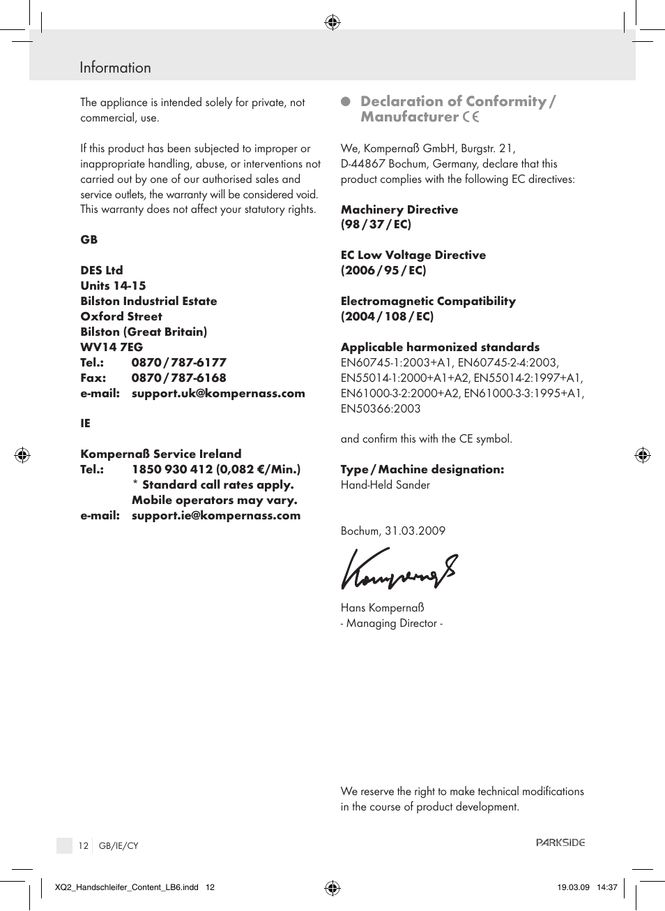 Information, Declaration of conformity / manufacturer | Parkside XQ2 SE User Manual | Page 11 / 12