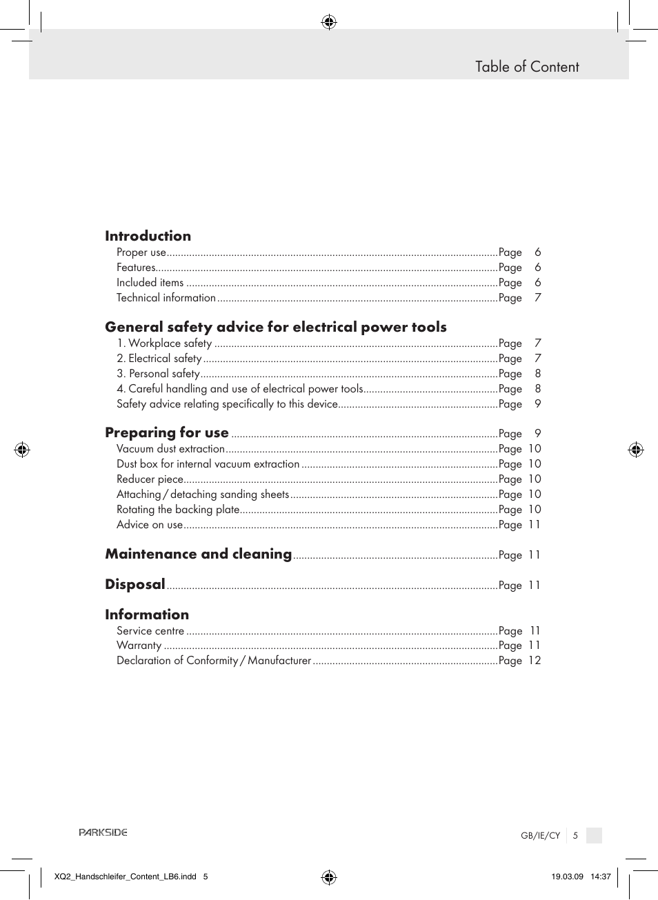 Table of content, Introduction, General safety advice for electrical power tools | Preparing for use, Maintenance and cleaning, Disposal, Information | Parkside XQ2 SE User Manual | Page 4 / 12