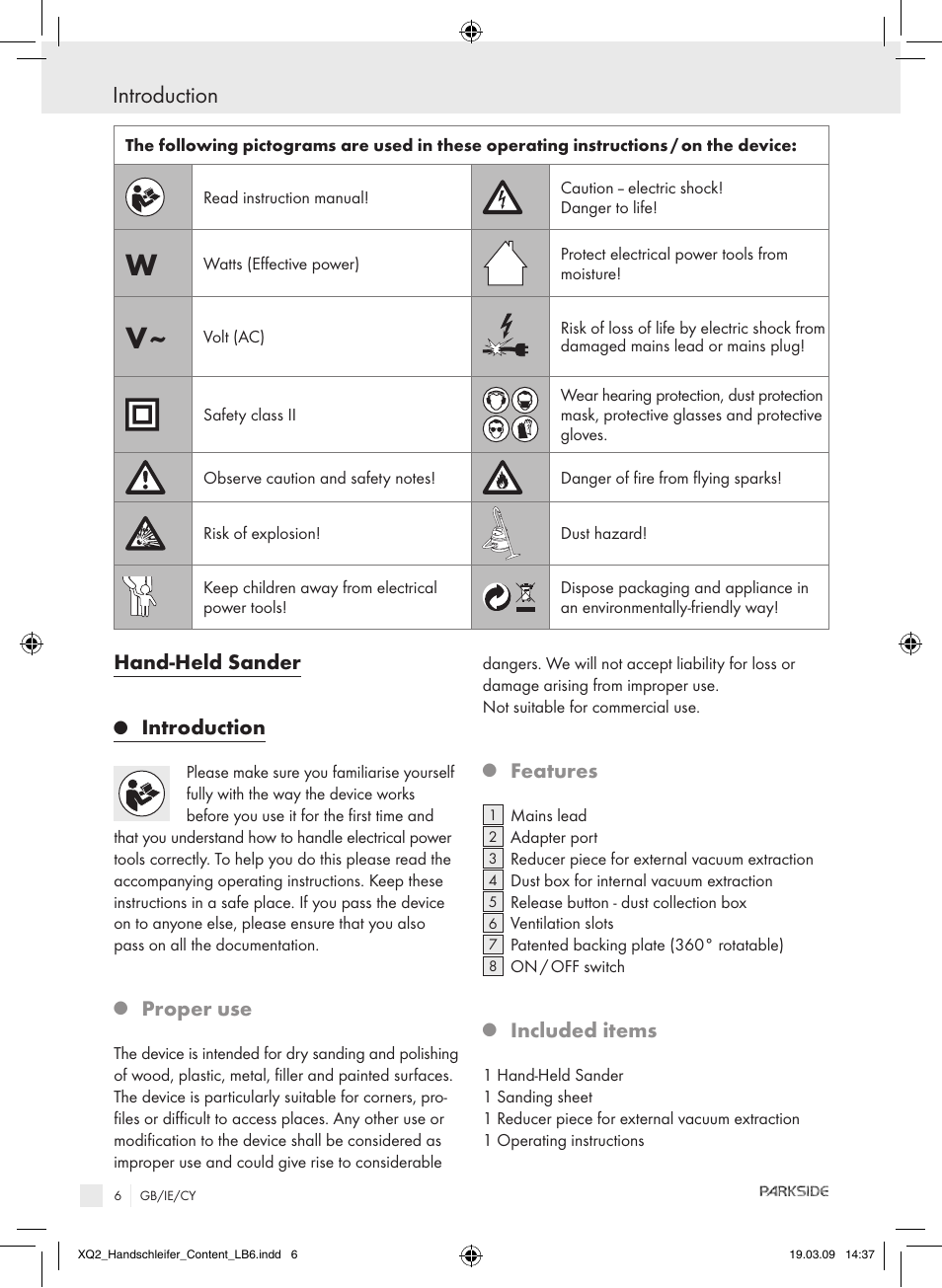 Introduction, Hand-held sander, Proper use | Features, Included items | Parkside XQ2 SE User Manual | Page 5 / 12