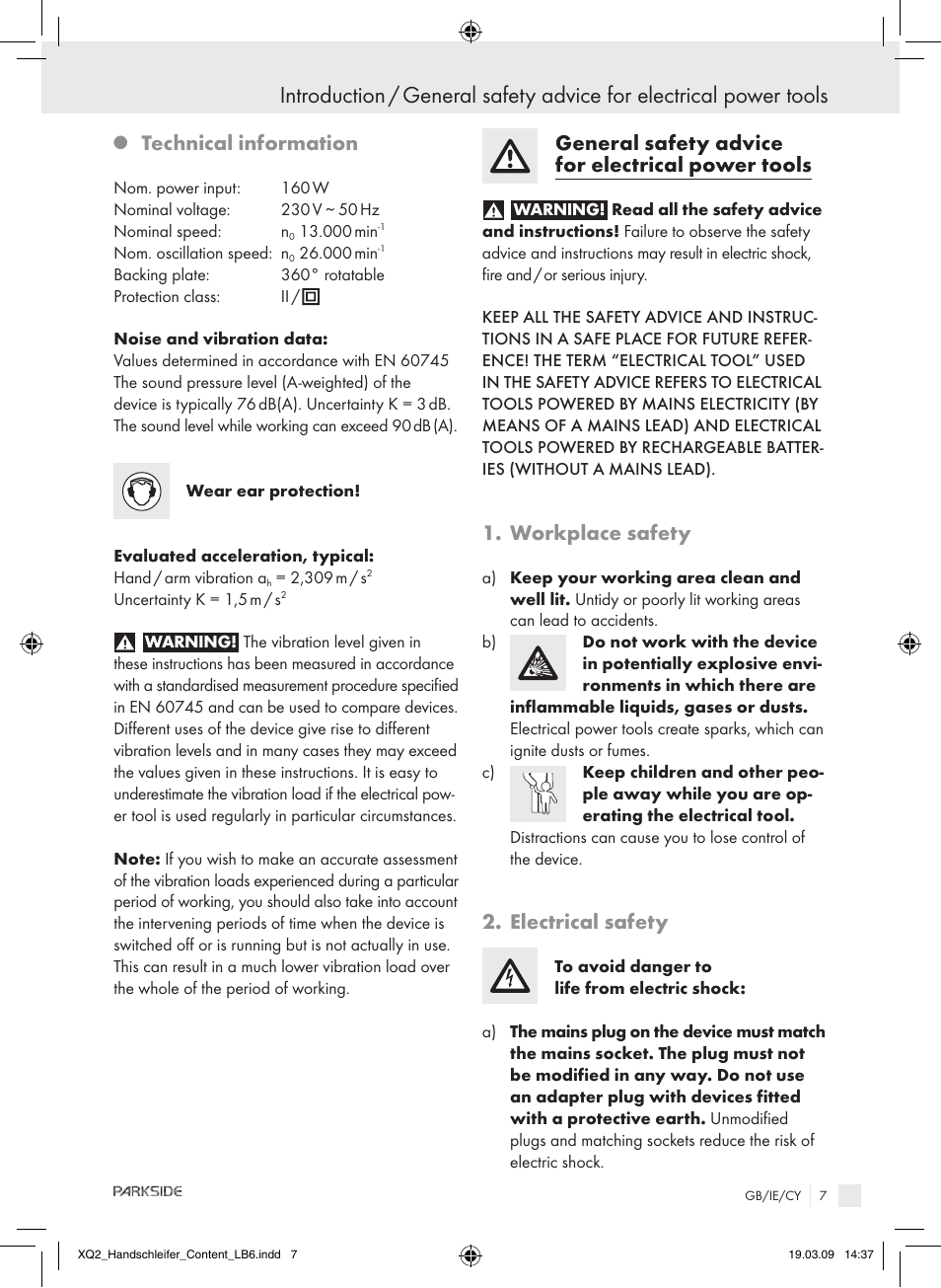 Technical information, General safety advice for electrical power tools, Workplace safety | Electrical safety | Parkside XQ2 SE User Manual | Page 6 / 12