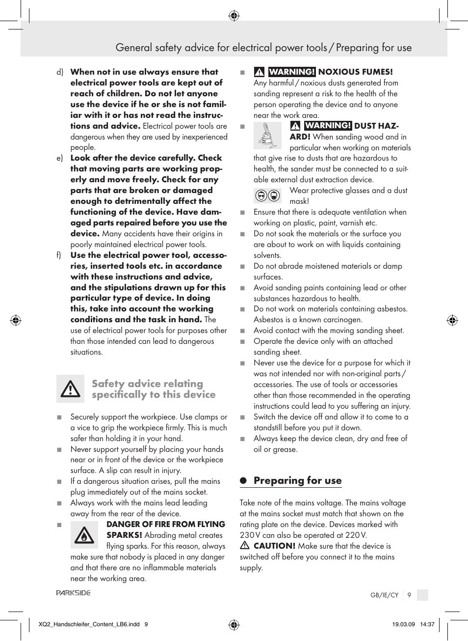 Safety advice relating specifically to this device, Preparing for use | Parkside XQ2 SE User Manual | Page 8 / 12