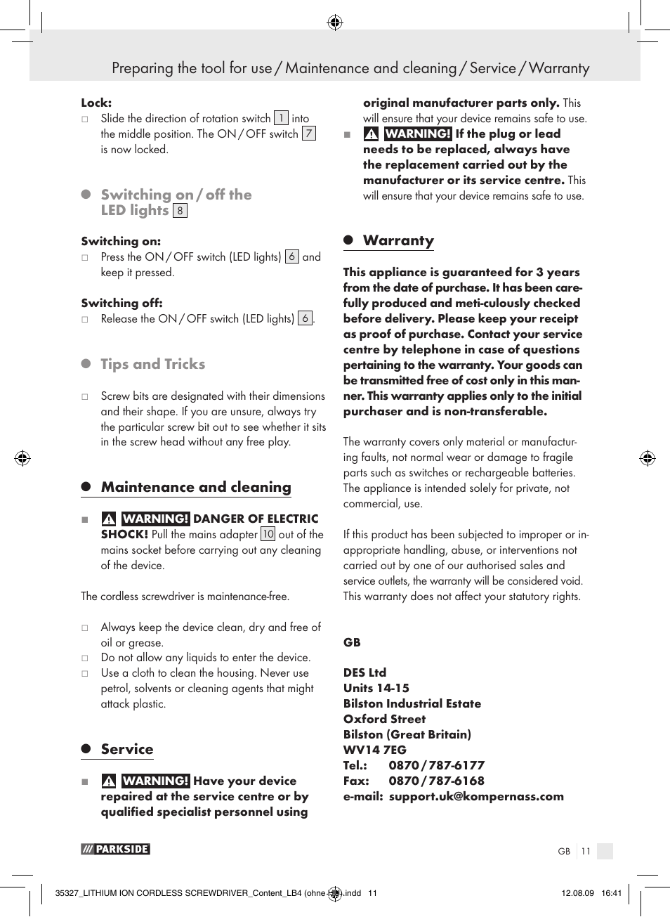 Switching on / off the led lights, Tips and tricks, Maintenance and cleaning | Service, Warranty | Parkside X3.6-LI A User Manual | Page 10 / 62