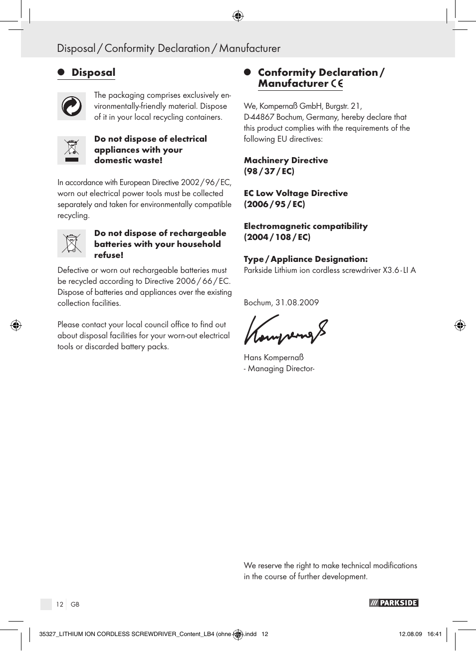 Disposal / conformity declaration / manufacturer, Disposal, Conformity declaration / manufacturer | Parkside X3.6-LI A User Manual | Page 11 / 62