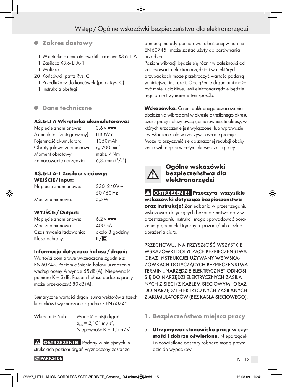 Zakres dostawy, Dane techniczne, Bezpieczeństwo miejsca pracy | Parkside X3.6-LI A User Manual | Page 14 / 62