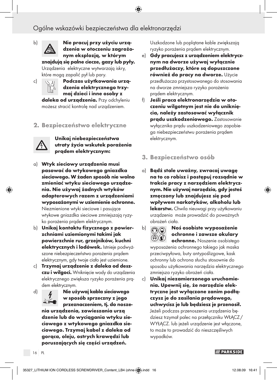 Bezpieczeństwo elektryczne, Bezpieczeństwo osób | Parkside X3.6-LI A User Manual | Page 15 / 62