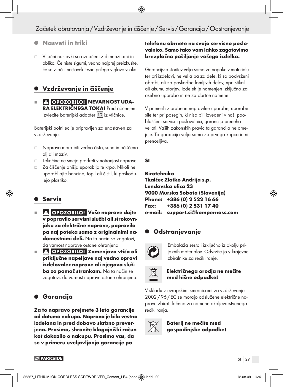 Nasveti in triki, Vzdrževanje in čiščenje, Servis | Garancija, Odstranjevanje | Parkside X3.6-LI A User Manual | Page 28 / 62