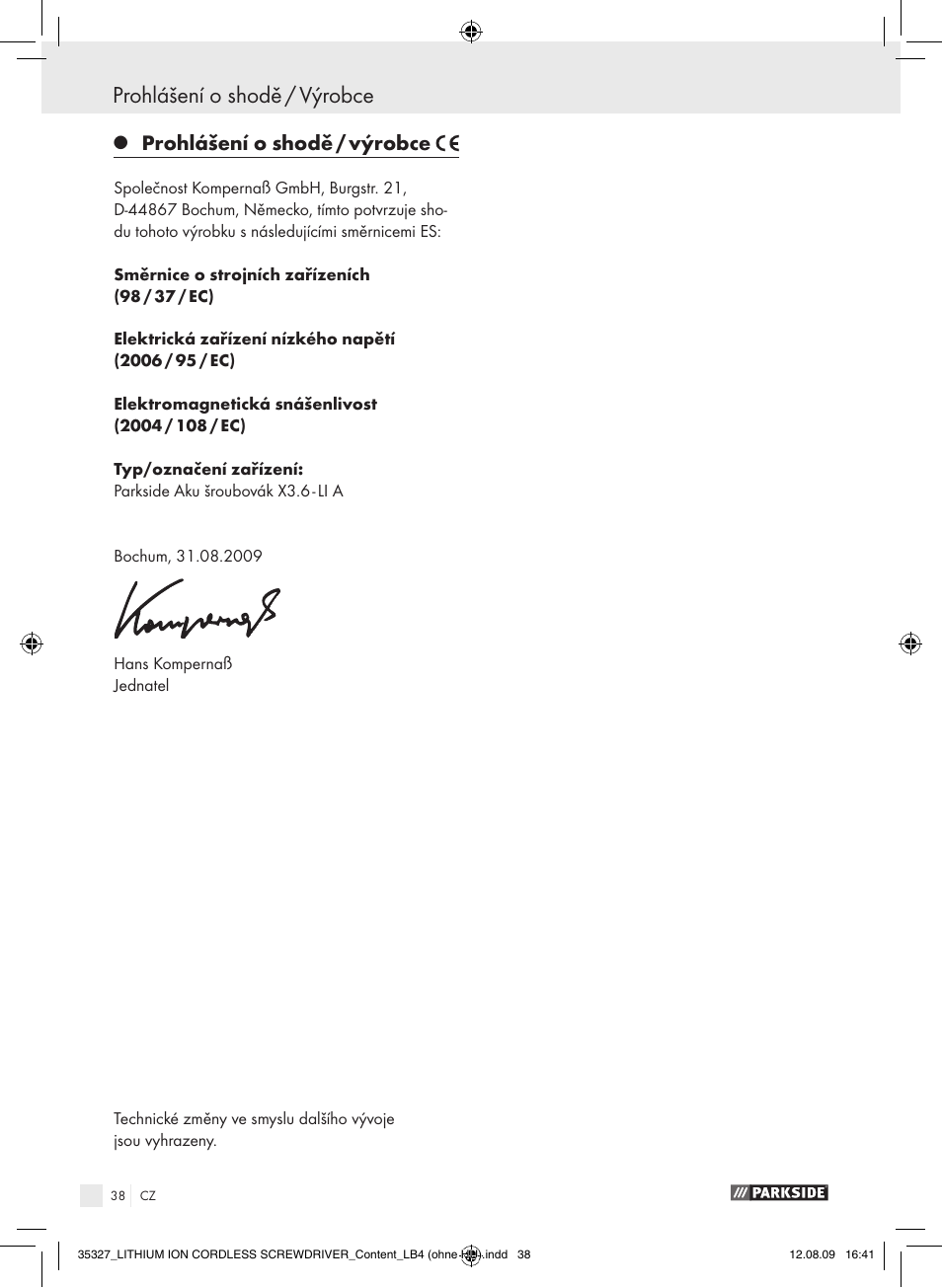 Prohlášení o shodě / výrobce | Parkside X3.6-LI A User Manual | Page 37 / 62