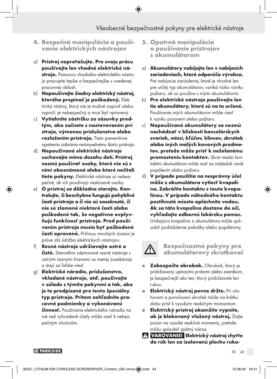 Bezpečnostné pokyny pre akumulátorový skrutkovač | Parkside X3.6-LI A User Manual | Page 42 / 62