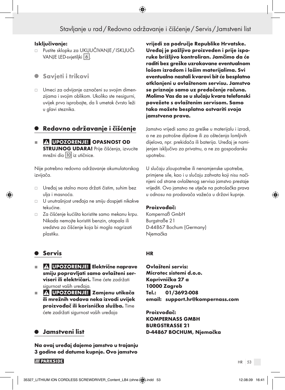 Savjeti i trikovi, Redovno održavanje i čišćenje, Servis | Jamstveni list | Parkside X3.6-LI A User Manual | Page 52 / 62