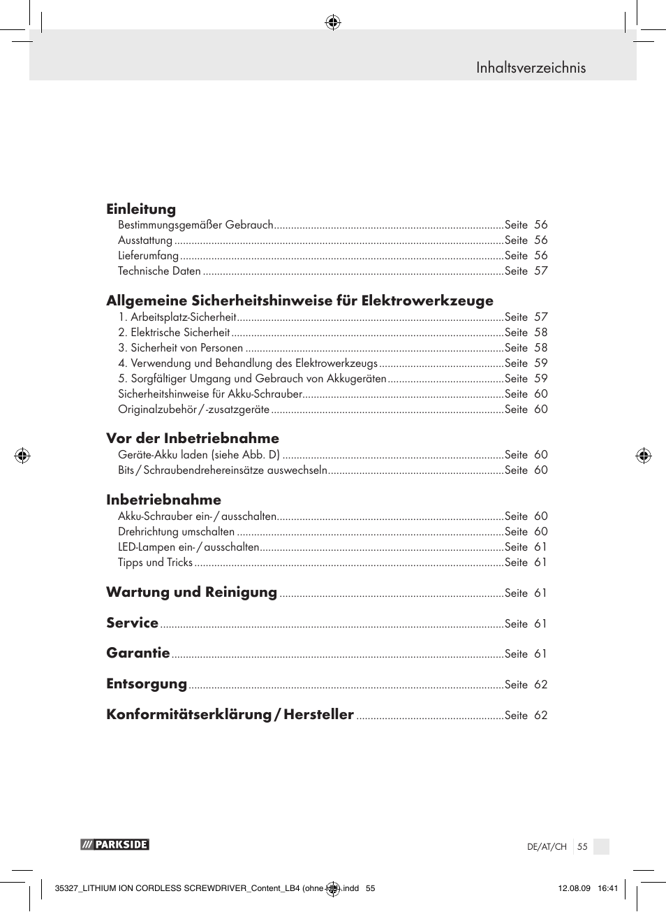 Parkside X3.6-LI A User Manual | Page 54 / 62