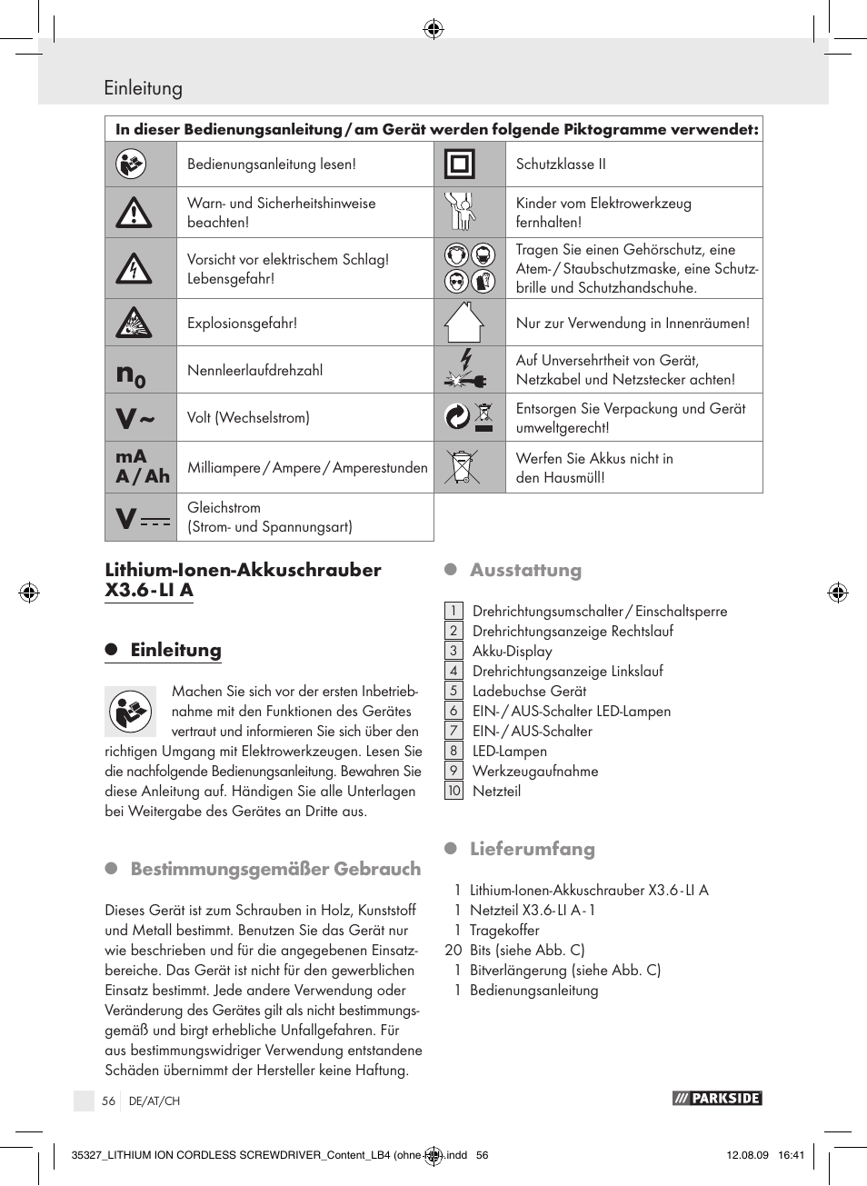 Einleitung, Lithium-ionen-akkuschrauber x3.6 - li a, Bestimmungsgemäßer gebrauch | Ausstattung, Lieferumfang, Ma a / ah | Parkside X3.6-LI A User Manual | Page 55 / 62