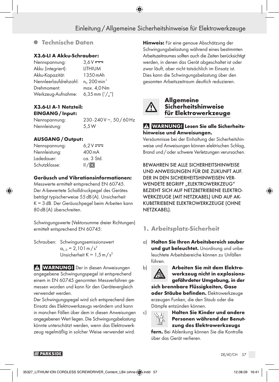 Technische daten, Arbeitsplatz-sicherheit | Parkside X3.6-LI A User Manual | Page 56 / 62