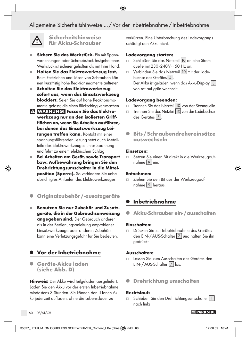 Sicherheitshinweise für akku-schrauber, Originalzubehör / -zusatzgeräte, Vor der | Inbetriebnahme, Geräte-akku laden (siehe abb. d), Bits / schraubendrehereinsätze auswechseln, Akku-schrauber ein- / ausschalten, Drehrichtung umschalten | Parkside X3.6-LI A User Manual | Page 59 / 62