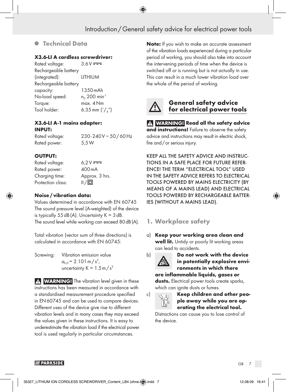 Technical data, General safety advice for electrical power tools, Workplace safety | Parkside X3.6-LI A User Manual | Page 6 / 62