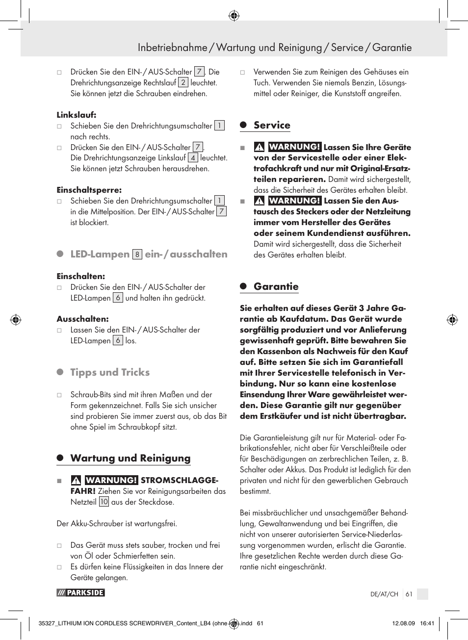 Led-lampen, Ein- / ausschalten, Tipps und tricks | Wartung und reinigung, Service, Garantie | Parkside X3.6-LI A User Manual | Page 60 / 62