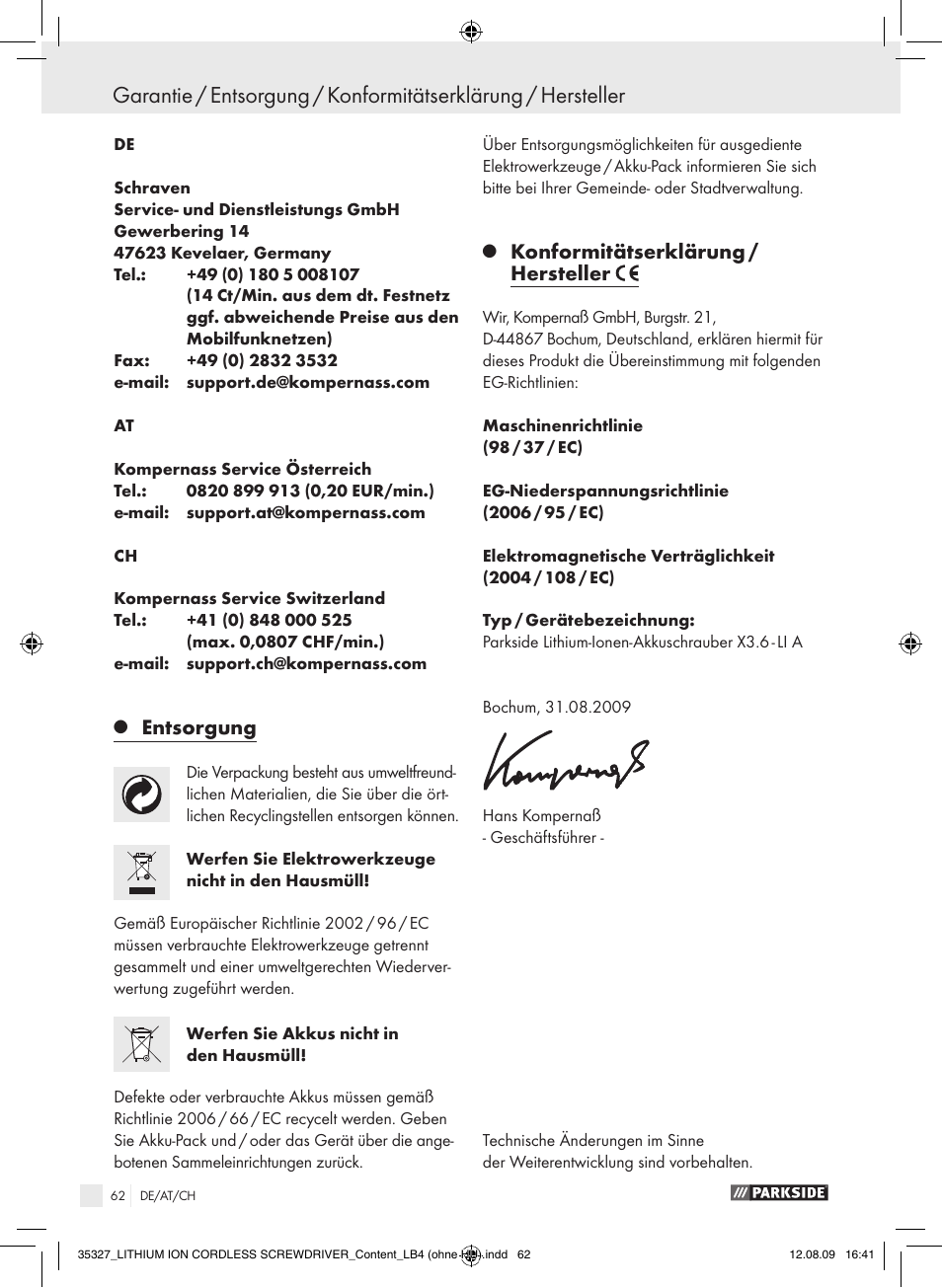 Entsorgung, Konformitätserklärung / hersteller | Parkside X3.6-LI A User Manual | Page 61 / 62