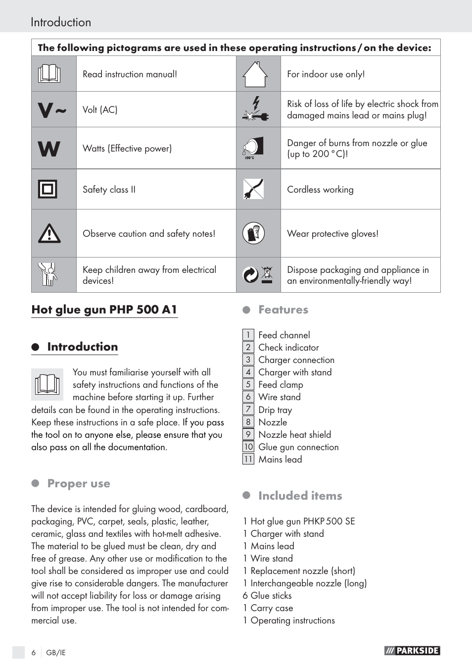 Introduction, Proper use, Features | Included items | Parkside PHP 500 A1 User Manual | Page 5 / 10