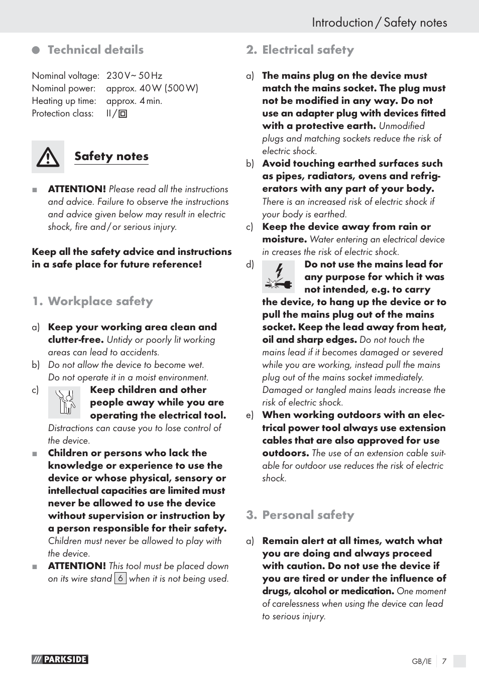 Technical details, Workplace safety, Electrical safety | Personal safety | Parkside PHP 500 A1 User Manual | Page 6 / 10