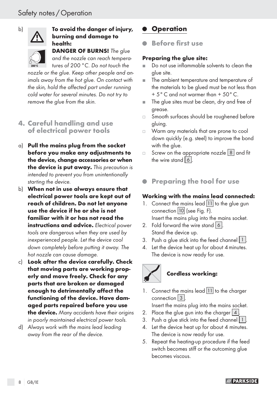 Careful handling and use of electrical power tools, Operation, Before ﬁrst use | Preparing the tool for use | Parkside PHP 500 A1 User Manual | Page 7 / 10