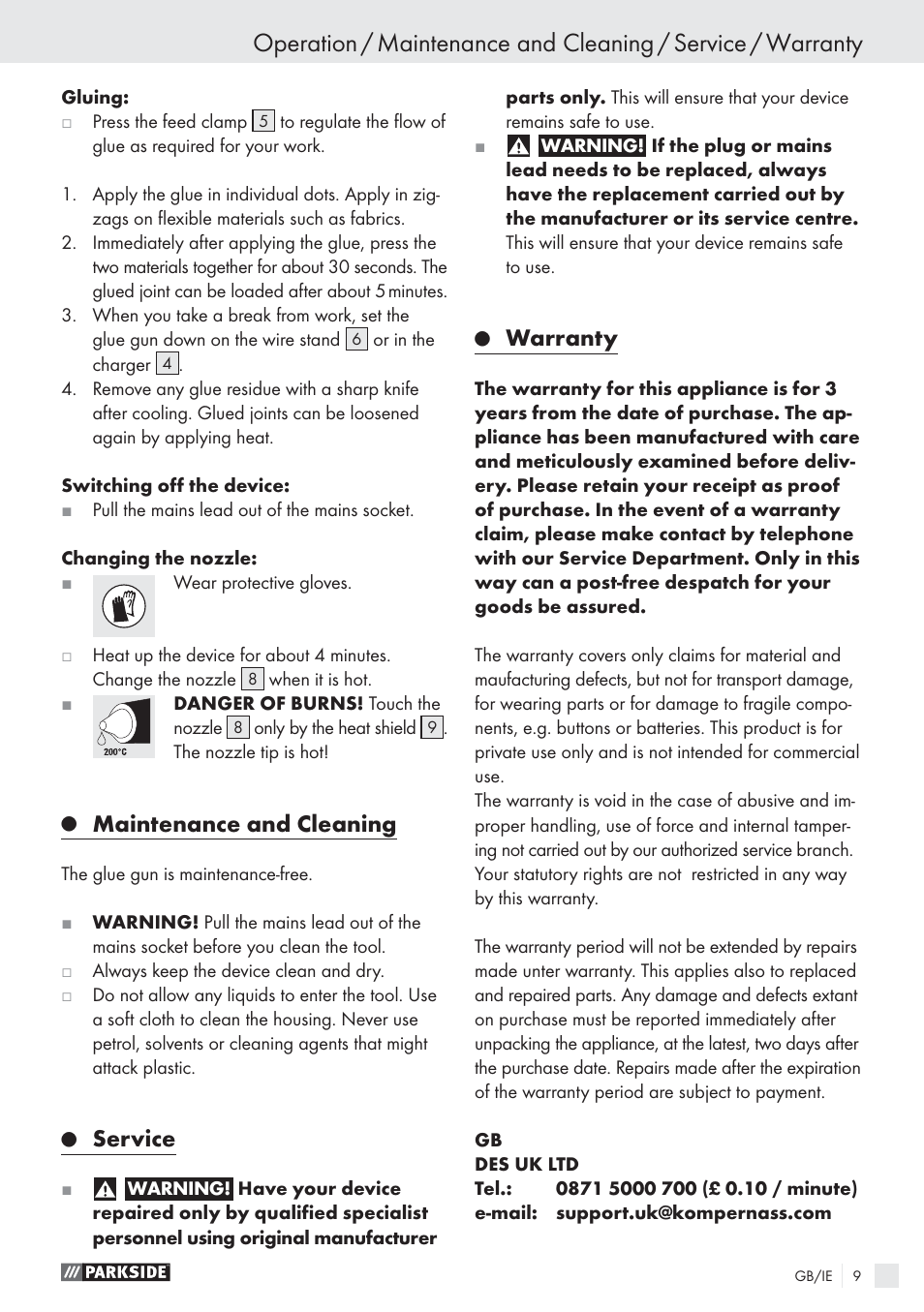 Maintenance and cleaning, Service, Warranty | Parkside PHP 500 A1 User Manual | Page 8 / 10