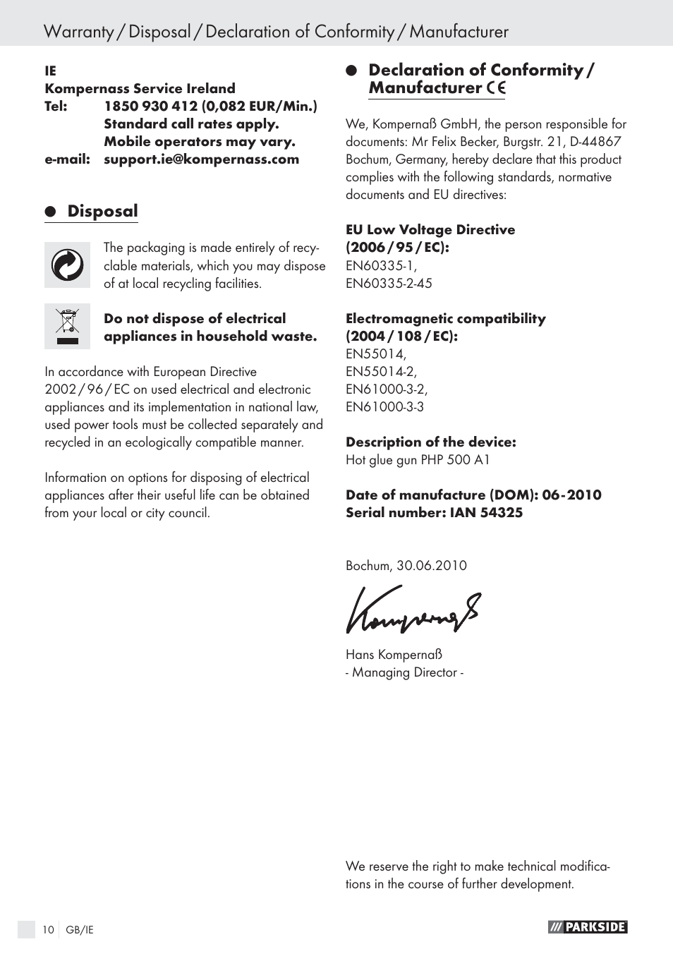 Disposal, Declaration of conformity / manufacturer | Parkside PHP 500 A1 User Manual | Page 9 / 10