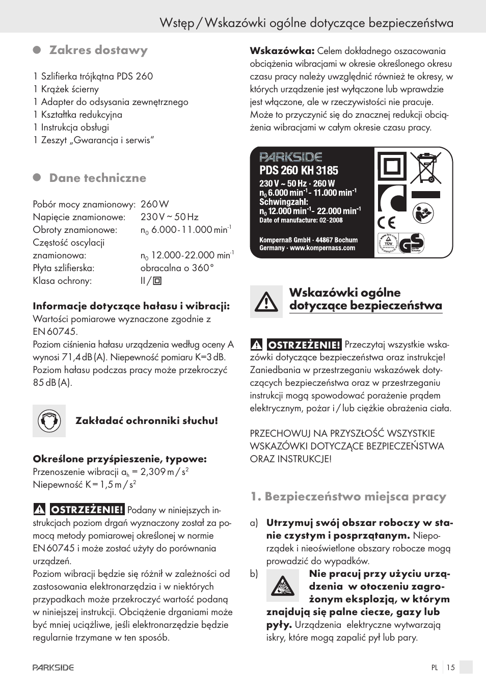 Wstęp / wskazówki ogólne dotyczące bezpieczeństwa, Zakres dostawy, Dane techniczne | Wskazówki ogólne dotyczące bezpieczeństwa, Bezpieczeństwo miejsca pracy | Parkside IEEE 802.3AF POE-1200 User Manual | Page 13 / 68