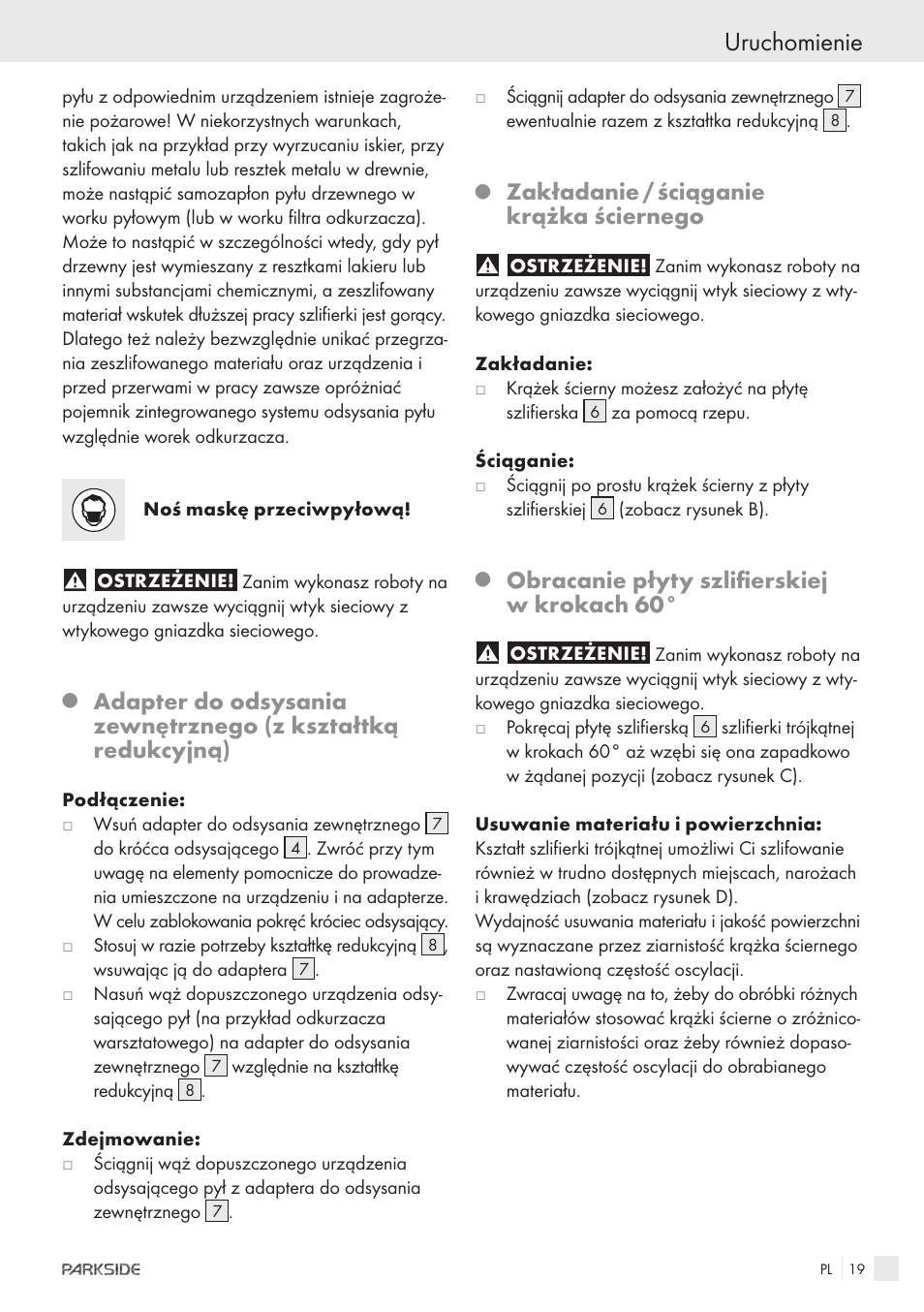 Uruchomienie, Zakładanie / ściąganie krążka ściernego, Obracanie płyty szlifierskiej w krokach 60 | Parkside IEEE 802.3AF POE-1200 User Manual | Page 17 / 68
