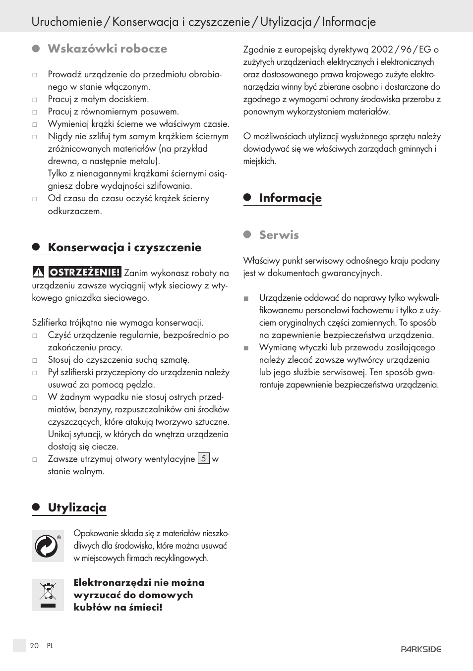 Wskazówki robocze, Konserwacja i czyszczenie, Utylizacja | Informacje, Serwis | Parkside IEEE 802.3AF POE-1200 User Manual | Page 18 / 68