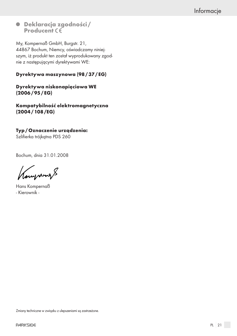Informacje, Deklaracja zgodności / producent | Parkside IEEE 802.3AF POE-1200 User Manual | Page 19 / 68