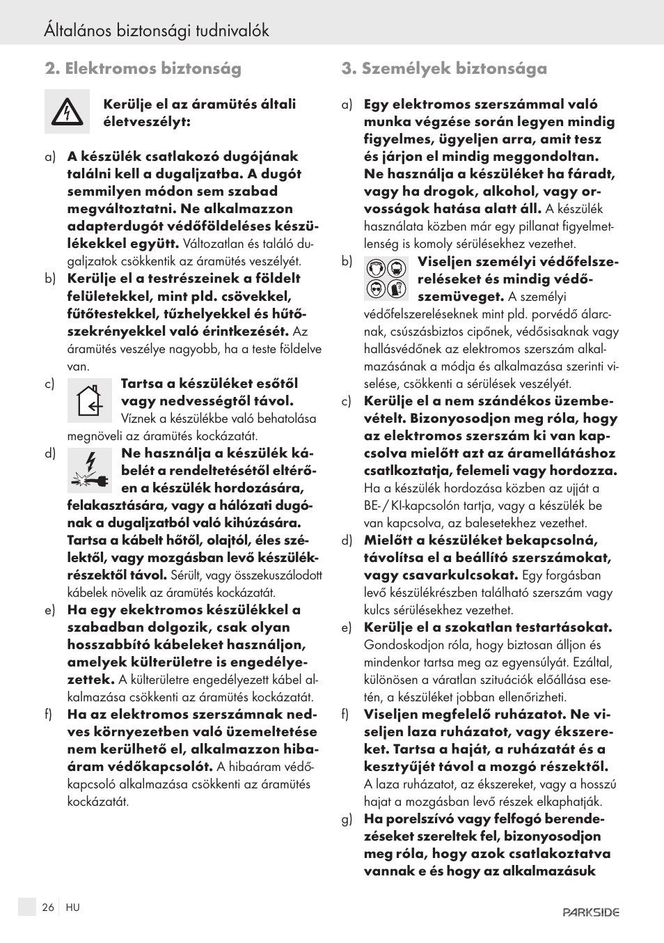 Általános biztonsági tudnivalók, Elektromos biztonság, Személyek biztonsága | Parkside IEEE 802.3AF POE-1200 User Manual | Page 24 / 68