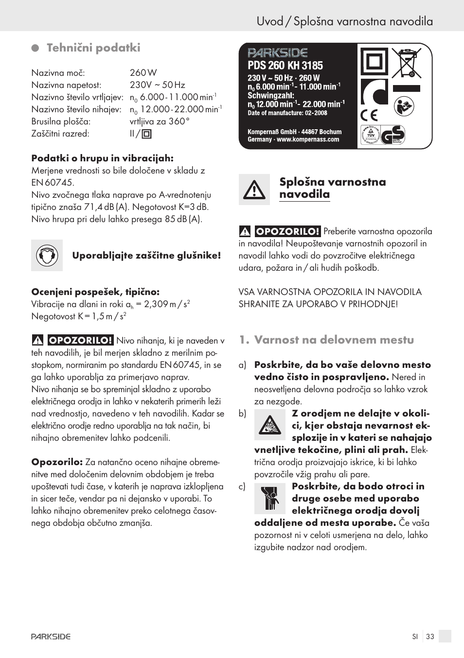 Uvod / splošna varnostna navodila, Tehnični podatki, Splošna varnostna navodila | Varnost na delovnem mestu | Parkside IEEE 802.3AF POE-1200 User Manual | Page 31 / 68