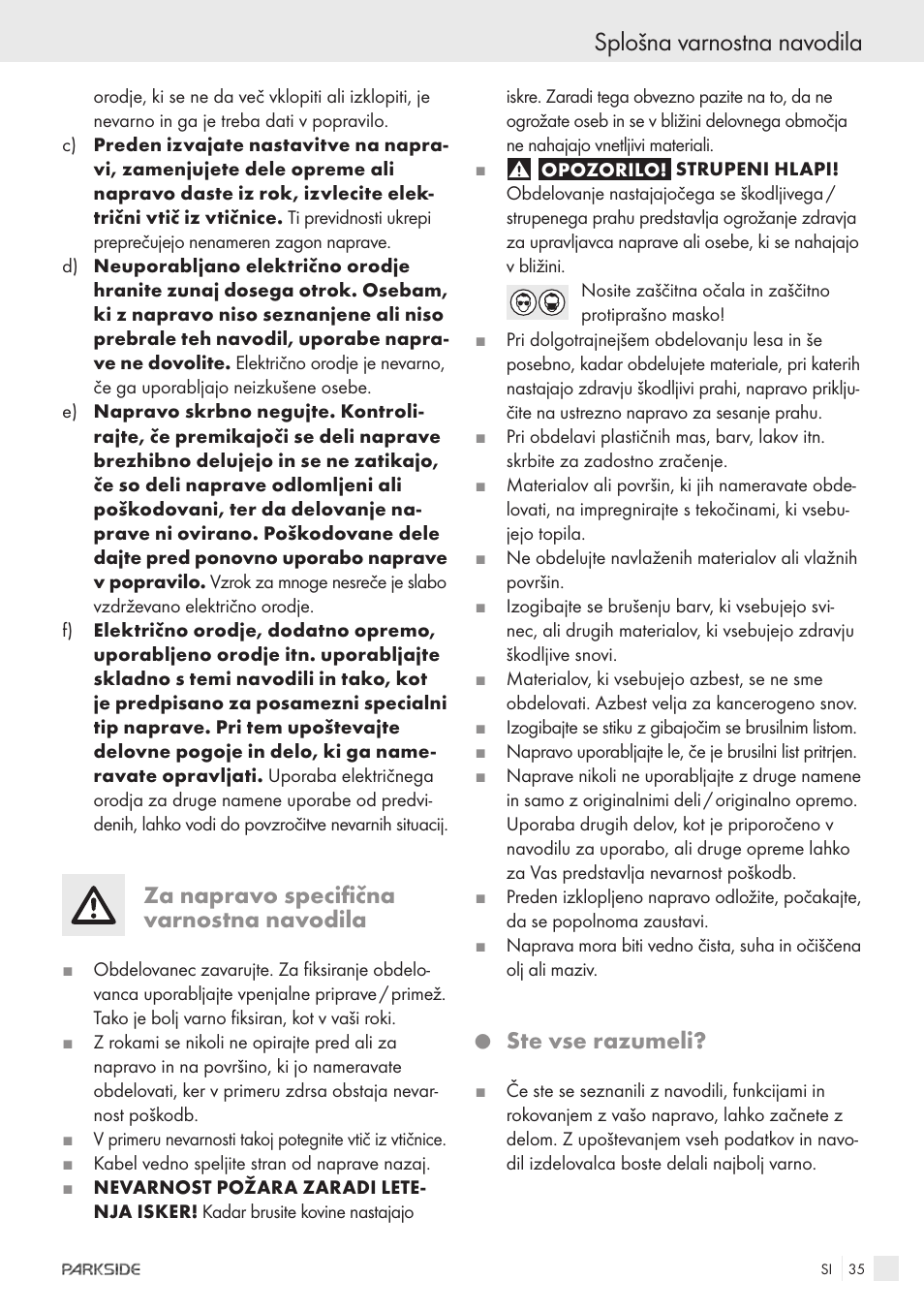 Splošna varnostna navodila, Za napravo specifična varnostna navodila, Ste vse razumeli | Parkside IEEE 802.3AF POE-1200 User Manual | Page 33 / 68