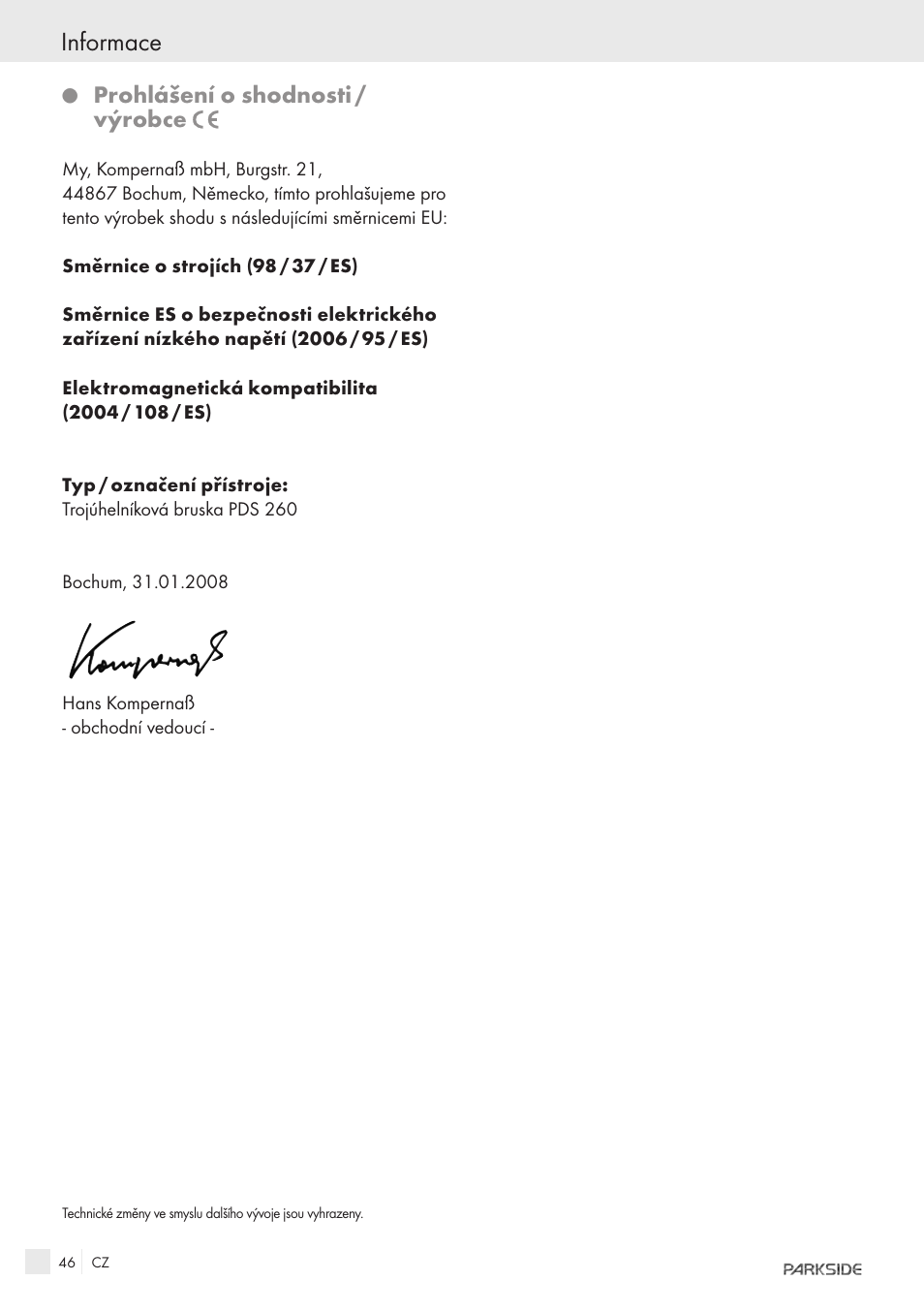 Informace, Prohlášení o shodnosti / výrobce | Parkside IEEE 802.3AF POE-1200 User Manual | Page 44 / 68