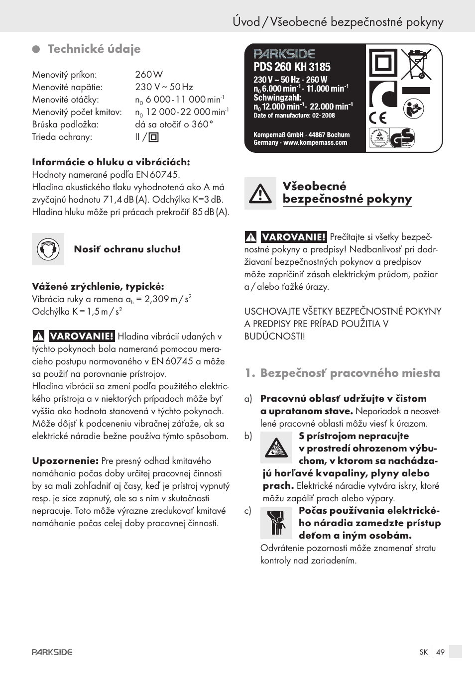 Úvod / všeobecné bezpečnostné pokyny, Technické údaje, Všeobecné bezpečnostné pokyny | Bezpečnosť pracovného miesta | Parkside IEEE 802.3AF POE-1200 User Manual | Page 47 / 68