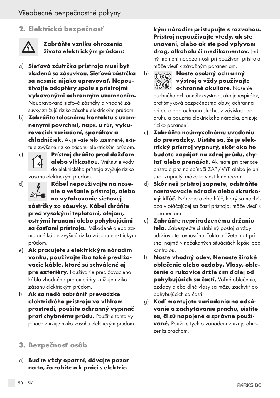 Všeobecné bezpečnostné pokyny, Elektrická bezpečnosť, Bezpečnosť osôb | Parkside IEEE 802.3AF POE-1200 User Manual | Page 48 / 68