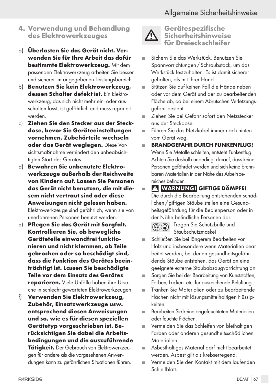 Allgemeine sicherheitshinweise, Verwendung und behandlung des elektrowerkzeuges | Parkside IEEE 802.3AF POE-1200 User Manual | Page 65 / 68