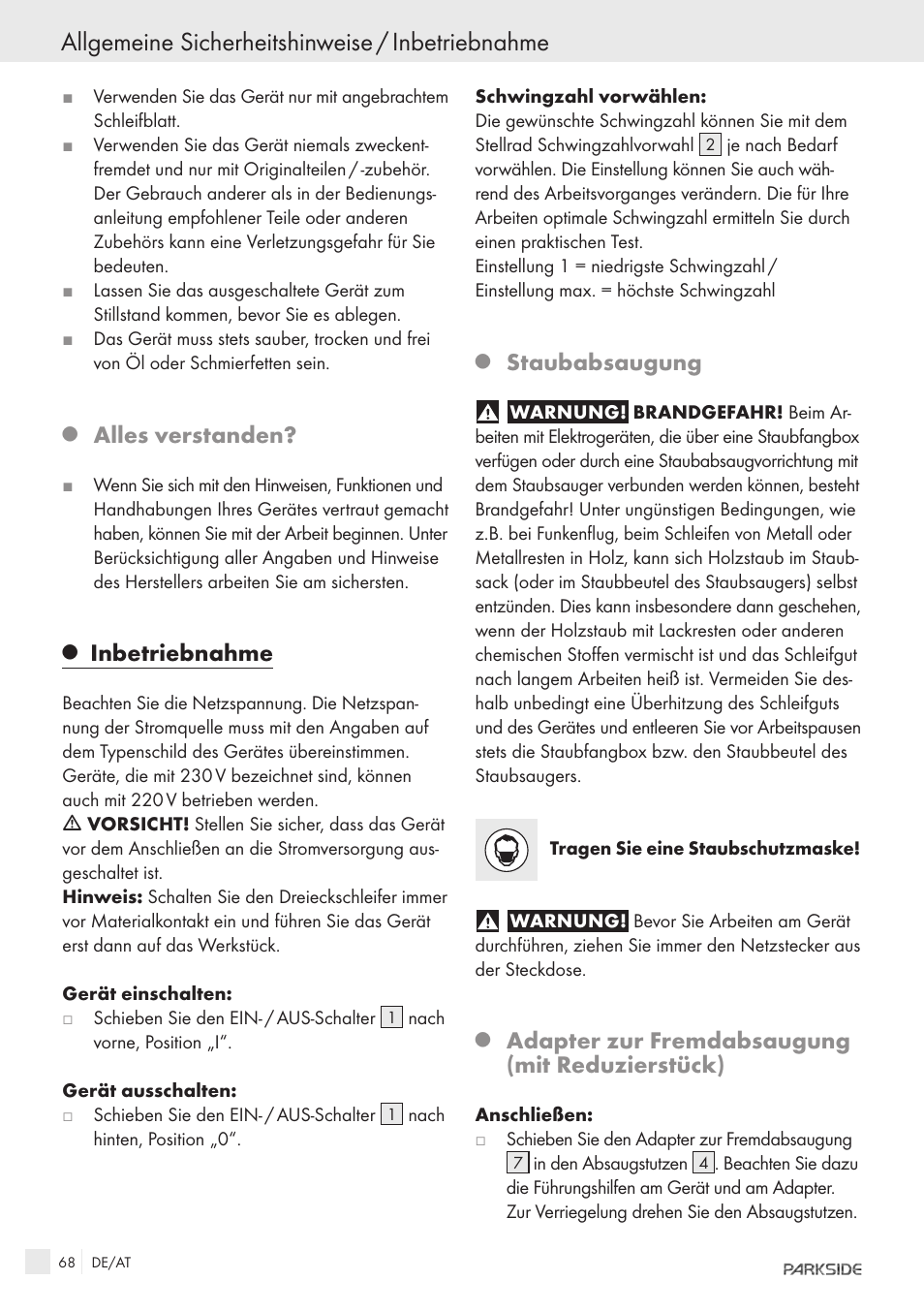 Allgemeine sicherheitshinweise / inbetriebnahme, Alles verstanden, Inbetriebnahme | Staubabsaugung, Adapter zur fremdabsaugung (mit reduzierstück) | Parkside IEEE 802.3AF POE-1200 User Manual | Page 66 / 68