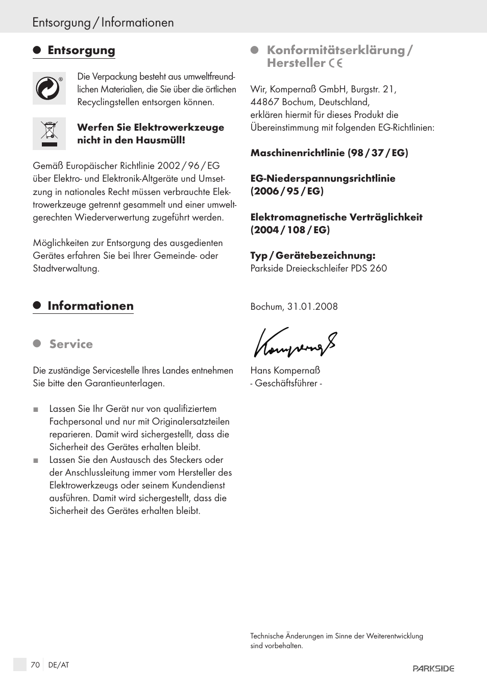 Entsorgung / informationen, Entsorgung, Informationen | Service, Konformitätserklärung / hersteller | Parkside IEEE 802.3AF POE-1200 User Manual | Page 68 / 68